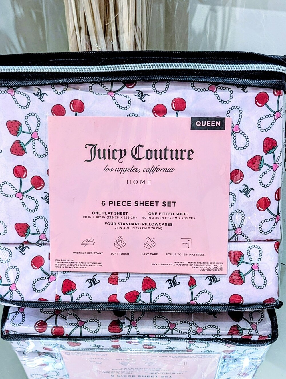 Juicy Couture 6pc QUEEN Cherry Strawberry Pearl Bow Print Sheet Set